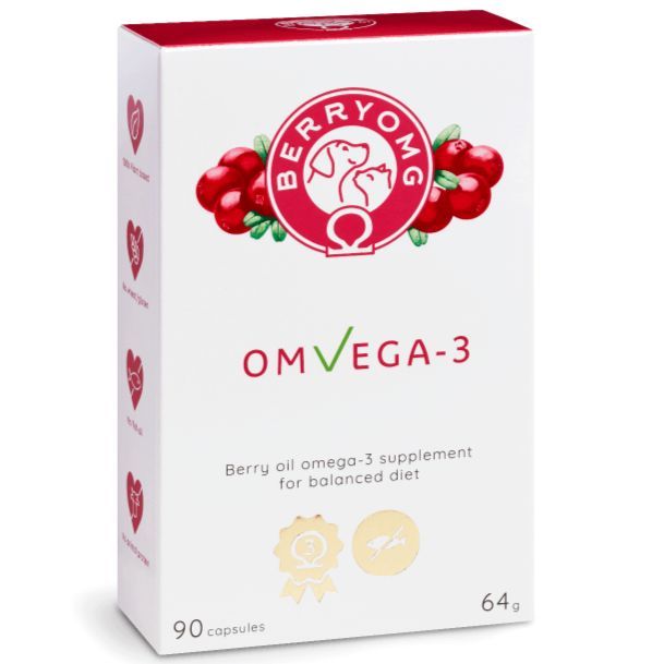 Berry OMG OMvEGA-3; valkoinen, suorakulmainen ja mattapintainen pakkaus, jonka etusivulla punaisia marjakuvituksia sekä koiran ja kissan logo; lihavoitu groteskiteksti kertoo marjaöljypohjaisesta omega-3-valmisteesta tasapainoiselle ruokavaliolle, sisältää 90 kapselia, 64 g; valkoinen tausta.