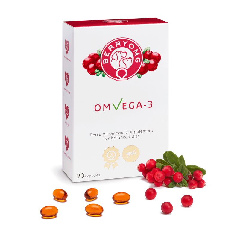White box of BerryOMG OMVEGA-3 supplement with cranberries and leaves, surrounded by red berries and orange capsules. Matte finish on rectangular box, minimalistic design with printed product name, “OMVEGA-3,” and “90 capsules” in clear sans-serif font. Shot is close-up on a plain white background; no people or hands are present.