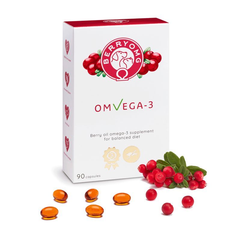 Berry OMG OMvEGA-3; valkoinen, suorakulmainen ja mattapintainen pakkaus minimalistisella ulkoasulla, ympärillä karpaloita, lehtiä ja oransseja kapseleita; selkeä groteskiteksti "OMVEGA-3" ja "90 capsules"; lähikuva valkoisella taustalla.