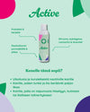 Berry OMG Refreshing Active Shampoo; koiranshampoopullo nimellä Active keskitettynä kuvaan; pullo lieriömäinen valkoisella korkilla, mattapinta; etiketissä ainesosaluettelo ja sopivat koirarodut selkeällä groteskifontilla; tausta yhtenäinen vihreä, ei ihmisiä kuvassa.