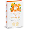 White box of BerryOMG Vitality & Defence supplement with orange text, floral and berry illustrations, and antioxidant icons. Rectangular matte-finish packaging; bold sans-serif typography. Visible text lists 90 capsules, 64g total, intended for dashing seniors. Shot is a close-up product image on a plain background. No people or hands shown.