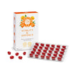 A box labeled BerryOng Vitality & Defence with vibrant berry illustrations is pictured next to a blister pack and several loose red capsules. The rectangular box is made of glossy cardboard and has a white background with bold, colorful text. The label text includes BerryOng Vitality & Defence and notes it is a berry oil supplement for seniors. The image has a plain white background.