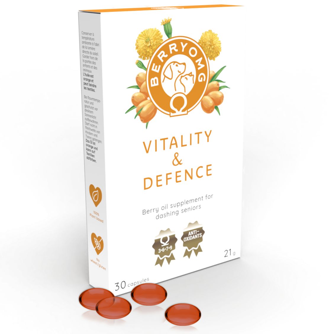 A rectangular, white cardboard box with matte finish is shown. The label has “BerryOMG Vitality & Defence” in bold, modern typography. There are printed illustrations of assorted berries and flowers on the front. Thirty orange capsules are included, visible either through packaging or alongside the box. Antioxidant icons and supplementary text about berry oil supplements for seniors are present on the box front. The background is plain and uncluttered with no people or hands present in the shot. A white