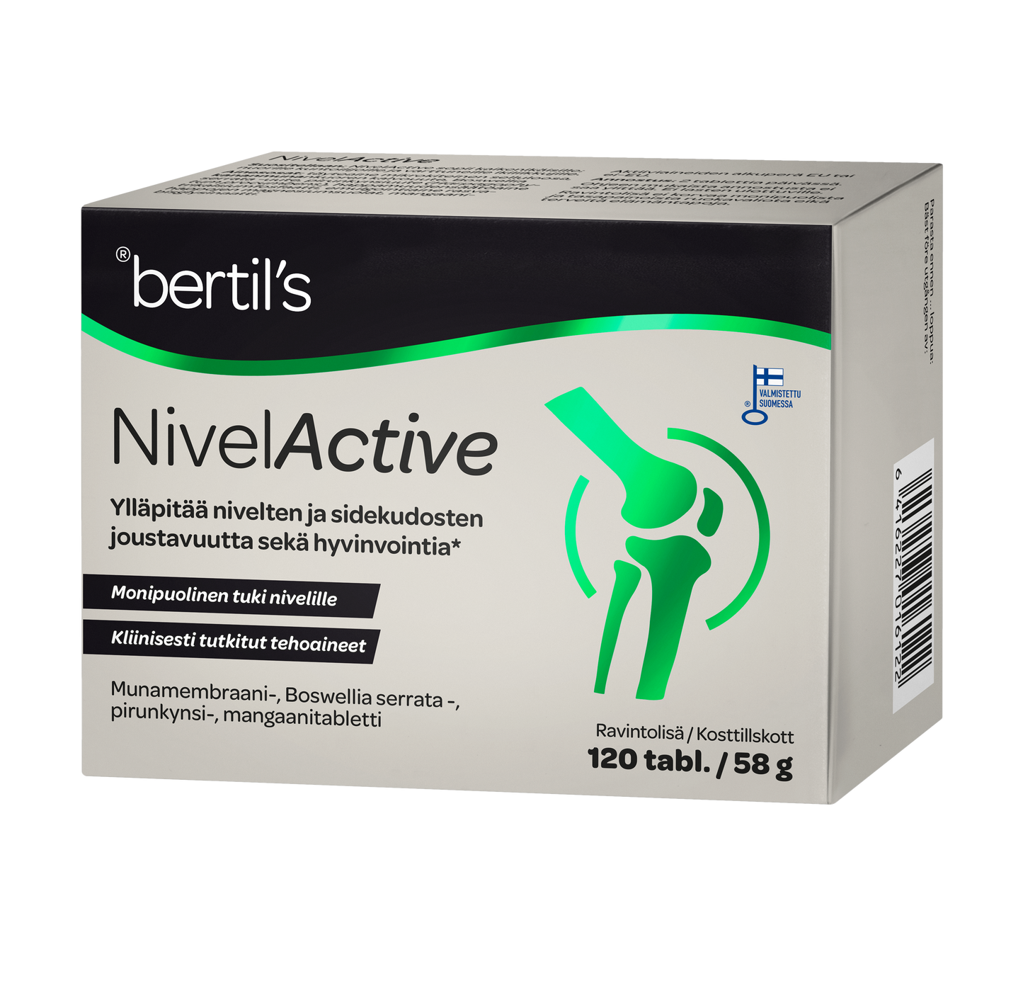 Bertils NivelActive -ravintolisäpakkaus, jossa vihreä polvinivelen kuva, suomenkielistä tekstiä sekä tieto pakkauksen sisältävän 120 tablettia nivelten tueksi; pakkaus suorakaiteen muotoinen, pinta valkoinen ja mattainen, etusivulla vihreää ja harmaata groteskikirjasinta; tuotenimi ja tiedot painettu etupaneeliin; tausta valkoinen, ei ihmisiä tai käsiä näkyvissä; kuva otettu edestä silmän tasolta.