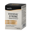 Musta ja beige bertils Viviscal Strong Advanced Hair Health -pakkaus, tekstiä suomeksi ja ruotsiksi, sisältää 120 tablettia hiusten hyvinvoinnin tueksi; pakkaus suorakaiteen muotoinen mattapinnalla, pystyssä vaalealla taustalla; groteskikirjasin tuotetiedoille; ei ihmisiä tai muita esineitä kuvassa.