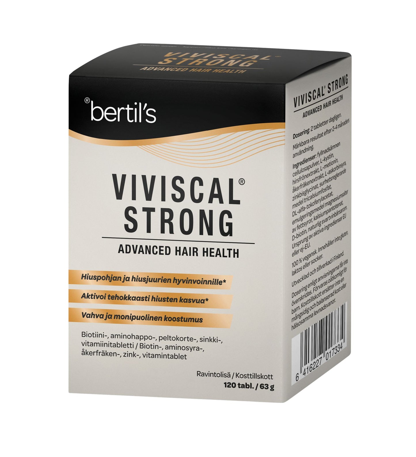 Musta ja beige bertils Viviscal Strong Advanced Hair Health -pakkaus, tekstiä suomeksi ja ruotsiksi, sisältää 120 tablettia hiusten hyvinvoinnin tueksi; pakkaus suorakaiteen muotoinen mattapinnalla, pystyssä vaalealla taustalla; groteskikirjasin tuotetiedoille; ei ihmisiä tai muita esineitä kuvassa.