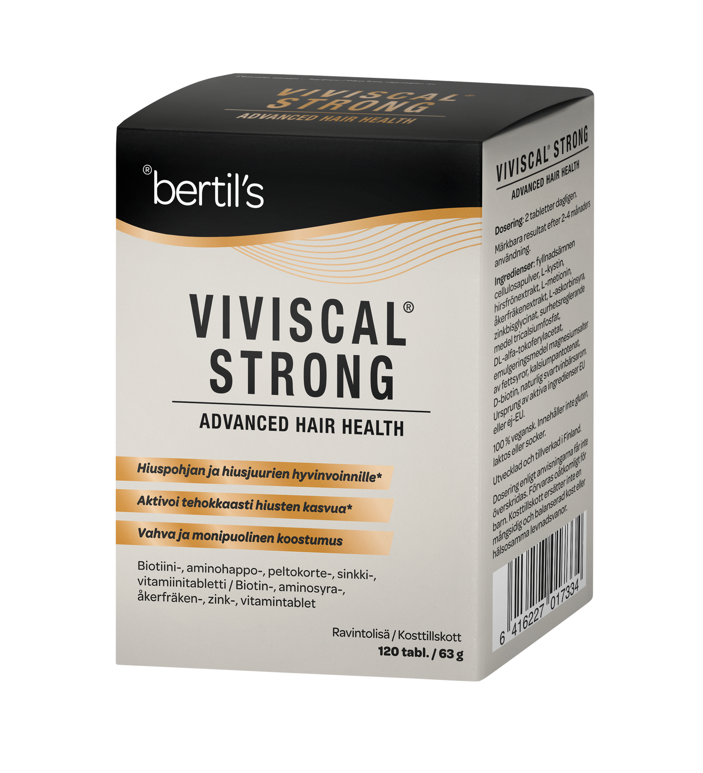 Musta ja beige bertils Viviscal Strong Advanced Hair Health -pakkaus, tekstiä suomeksi ja ruotsiksi, sisältää 120 tablettia hiusten hyvinvoinnin tueksi; pakkaus suorakaiteen muotoinen mattapinnalla, pystyssä vaalealla taustalla; groteskikirjasin tuotetiedoille; ei ihmisiä tai muita esineitä kuvassa.