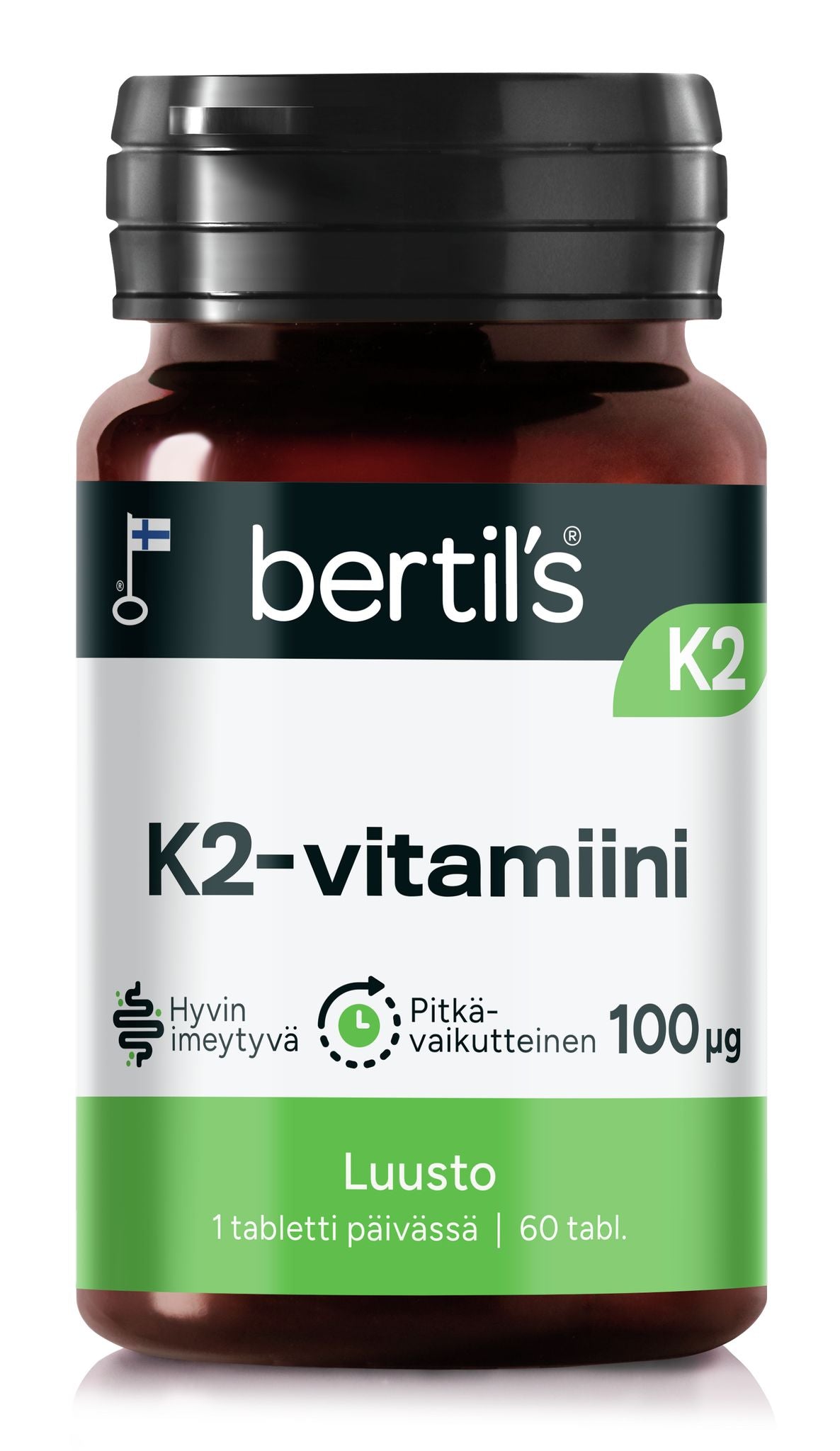 bertils K2-vitamiini -pullo, Suomen lippu, merkitty luuston terveydelle, sisältää 100 µg per tabletti ja 60 tablettia, vihreä ja valkoinen pakkaus korostaen tukea vahvalle luustolle; muovipullo sylinterimäinen kiiltävällä vihreällä kierrekorkilla; etiketti pääosin mattavalkoinen lihavoidulla tekstausvapaalla vihreällä tekstillä ja pienemmällä mustalla painatuksella; tuote yksinkertaisella pinnalla, ei näkyviä ihmisiä tai esineitä.
