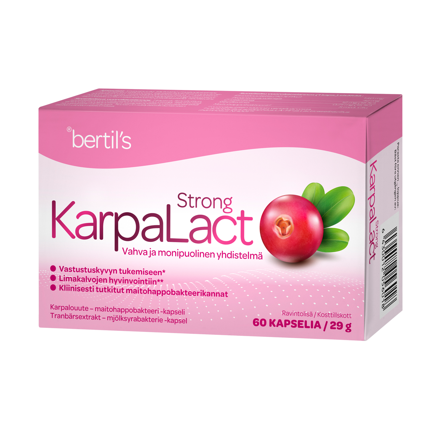 Bertils KarpaLact Strong; vaaleanpunainen rasia Bertils KarpaLact Strong -ravintolisää, kuvituksena karpaloita, merkitty sisältävän 60 kapselia ja painavan 29 g; rasia suorakaiteen muotoinen mattapinnalla, selkeää ja lihavoitua suomenkielistä groteskitekstiä immuunipuolustuksen tuesta ja probioottisista bakteereista; pakkauksessa ei näkyviä käsiä tai ihmisiä; tausta tasainen valkoinen tuotekuvassa.