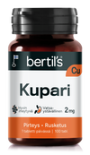 Bertils Kelasin Kupari -pullo, 100 tablettia (2 mg); valkoinen, sylinterimäinen ja mattapintainen muovipullo litteällä valkoisella kierrekorkilla; suomenkielisessä etiketissä lihavoitua mustaa modernia tekstausvapaata tekstiä sekä symboleja hyvästä imeytyvyydestä ja vatsaystävällisyydestä; kuvattu yksiväristä taustaa vasten, ei ihmisiä tai käsiä näkyvissä.