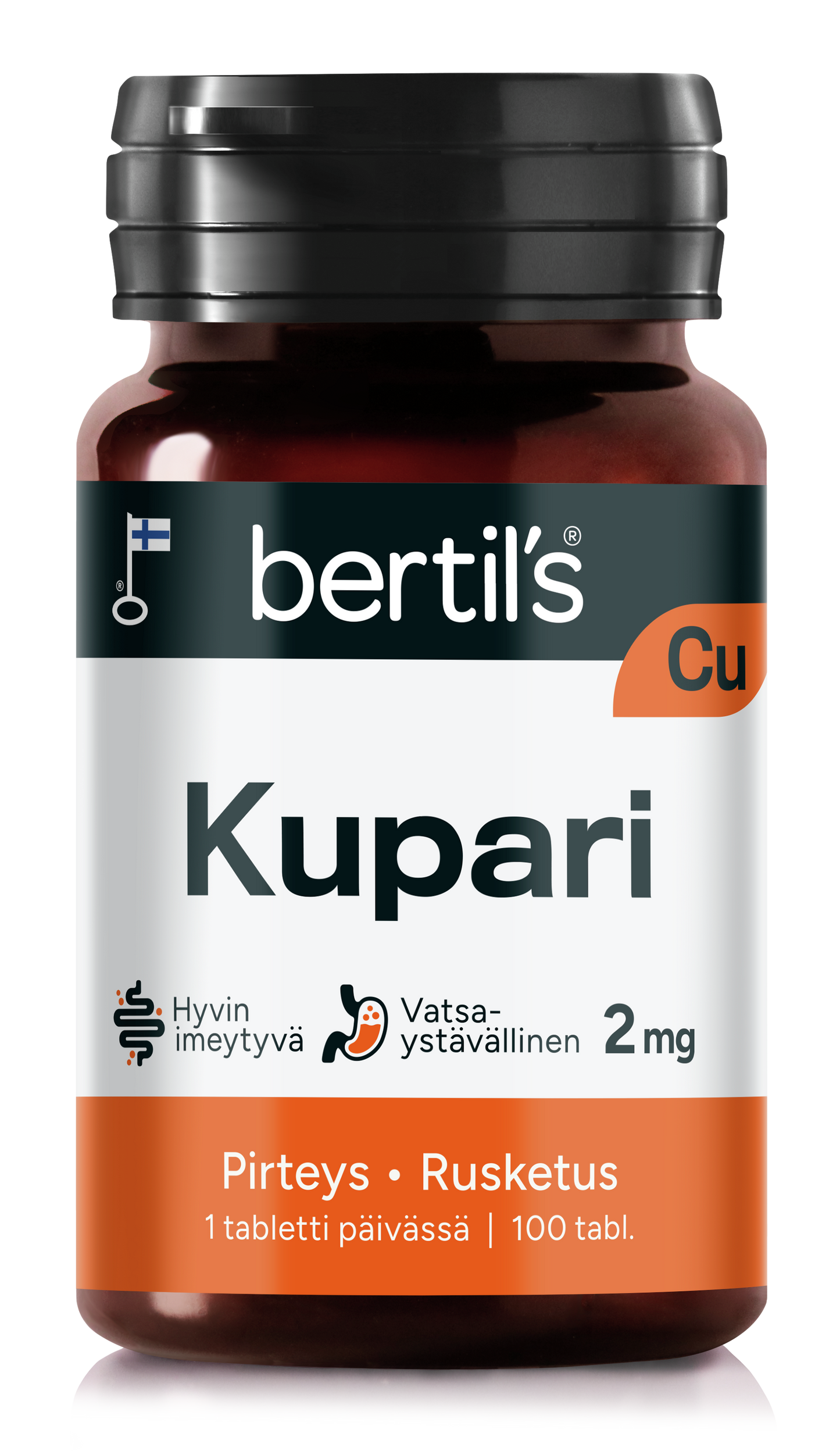 Bertils Kelasin Kupari -pullo, 100 tablettia (2 mg); valkoinen, sylinterimäinen ja mattapintainen muovipullo litteällä valkoisella kierrekorkilla; suomenkielisessä etiketissä lihavoitua mustaa modernia tekstausvapaata tekstiä sekä symboleja hyvästä imeytyvyydestä ja vatsaystävällisyydestä; kuvattu yksiväristä taustaa vasten, ei ihmisiä tai käsiä näkyvissä.