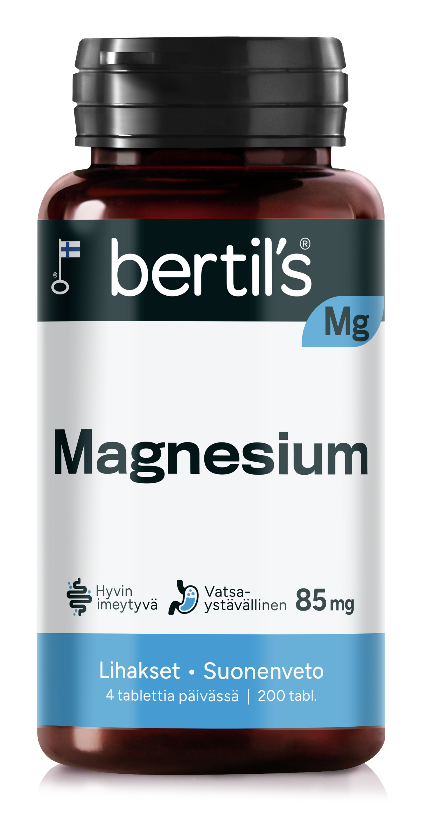 Bertils Kelasin Magnesium -pullo, 85 mg, 200 tablettia; valkoinen, sylinterimäinen ja mattapintainen muovipullo turkoosilla kierrekorkilla; etiketissä lihavoitua mustaa ja turkoosia tekstausvapaata tekstiä valkoisella pohjalla, Suomen lipun kuvake sekä lihaksia ja ruoansulatusta kuvaavia ikoneita; teksti mainitsee päivittäisen annoksen neljä tablettia; kuvattu valkoista taustaa vasten, ei ihmisiä tai käsiä näkyvissä.