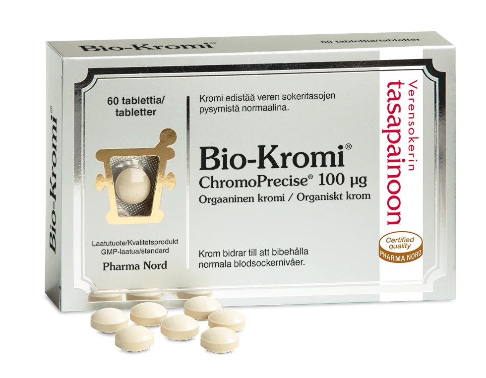 Bio-Kromi ChromoPrecise 100 µg -pakkaus, kahdeksan valkoista pyöreää tablettia edessä; suorakulmainen mattapintainen rasia, valkoinen-kulta-musta väritys, teksti kolmella kielellä, Pharma Nord -logo