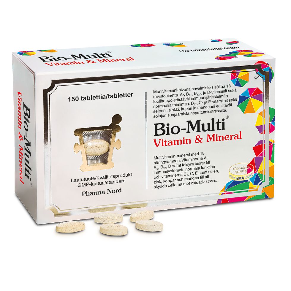 Bio-Multi Vitamin & Mineral -ravintolisä, 150 tablettia, osa tableteista aseteltuna edessä; suorakulmainen pahvipakkaus mattapinnalla ja värikkäin geometrisin kuvioin; luettavissa tuotenimi, maininta välttämättömistä ravintoaineista, teksti useammalla kielellä; ei ihmisiä tai käsiä; vaalea tausta, keskitetty tuotekuva silmän tasolta.