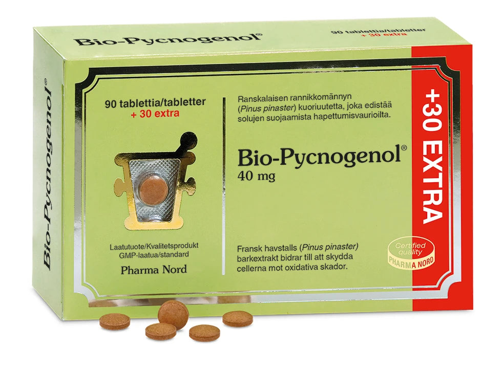 Bio-Pycnogenol 40 mg -tabletit, Pharma Nord; kiiltäväpintainen valkoinen ja sininen suorakulmainen pakkaus painetuin brändi- ja tuotetiedoin tummalla tekstillä; vieressä hopeanvärinen läpipainopakkaus, jossa yksi jäljellä oleva pyöreä tabletti, sekä useita irrallisia, pieniä beigenvärisiä pyöreitä tabletteja; lihavoitua groteskitypografiaa "+30 EXTRA" ja kokonaismäärästä "90"; vaalea tausta, ei ihmisiä tai käsiä.