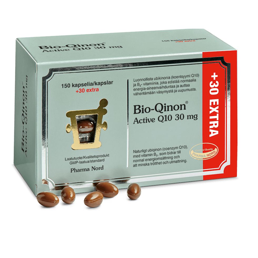 Bio-Qinon Active Q10 30 mg -pakkaus, 150 + 30 kapselia, valkoinen-teal-kulta mattapintainen rasia; ruskeita kapseleita aseteltuna pakkauksen eteen