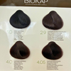 Biokap Nutricolor Delicato Kestoväri; neljä hiusvärinäytettä merkinnöin: 1.0 Natural Black, 2.9 Dark Chestnut Chocolate, 4.0 Natural Chestnut ja 4.05 Chocolate Chestnut näytetään Biokap-hiusvärikartassa vaakarivissä; jokainen näyte kiinnitetty suorakulmaiseen valkoiseen korttiin painetuin mustin etiketein ja brändinimellä groteskikirjasimella; ei ihmisiä tai käsiä kuvassa, tausta valkoinen.