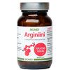 A brown glass bottle labeled Biomed Argiiniini with red and green text, containing 60 capsules of 1000 mg L-arginine supplement. The cylindrical bottle has a glossy surface and a white screw cap. The matte label shows a molecular graphic, product details in Finnish, and benefits of L-arginine. Background is plain white; no people or hands are present in the image.