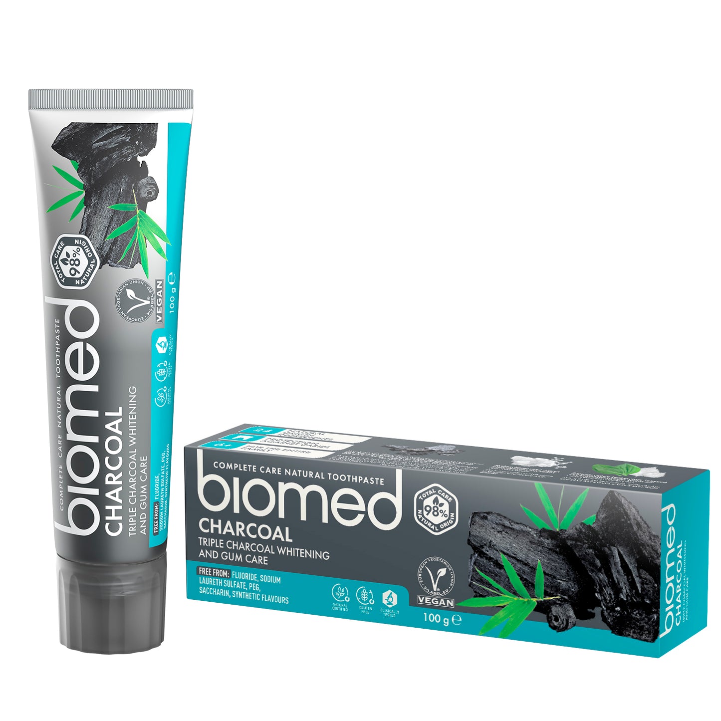 Biomed Charcoal -hiilihammastahnatuubi ja myyntipakkaus vierekkäin valkoisella taustalla