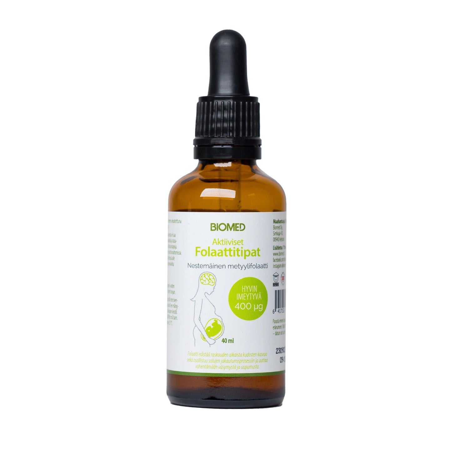 A brown glass dropper bottle labeled BIOMED Aktiiviset Folaattitipat, containing 400 µg of folate drops. The cylindrical bottle has a matte finish and a black plastic dropper cap. The front label displays green and yellow blocks with legible Finnish text printed in sans-serif font. An outline illustration of a pregnant person is visible on the label. The photograph uses a plain, light background and shows only the product with no people or additional objects present.