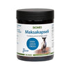 A cylindrical plastic jar with a white matte screw-on lid is shown. The front label is primarily white with blue and green sans-serif text; “Maksakapseli by Biomed” is prominently displayed alongside a photographic image of a reindeer. The jar contains liver capsules from Finnish reindeer. Background is plain, neutral, and uncluttered. No people or hands are present. A jar labeled Maksakapseli by Biomed, containing liver capsules made from Finnish reindeer, features an image of a reindeer on the front and
