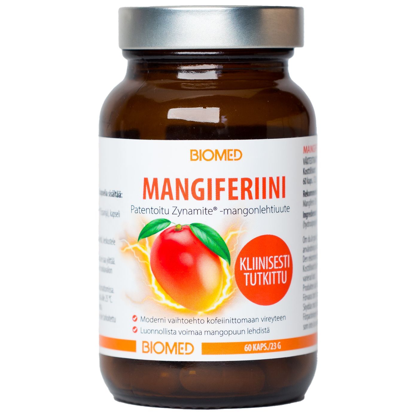 Biomed Mangiferiini; ruskea muovipullo kiiltäväpinnalla, lieriömäinen muoto ja kierrekansi; etiketti pääosin oranssi ja valkoinen lihavoidulla groteskitekstillä, sisältää sanan Mangiferiini, kuvan mangosta ja Biomed-logon; muut etikettitiedot mainitsevat kliinisen testauksen ja 60 kapselia mangonlehtiuutetta; neutraali studiotausta ilman ihmisiä.