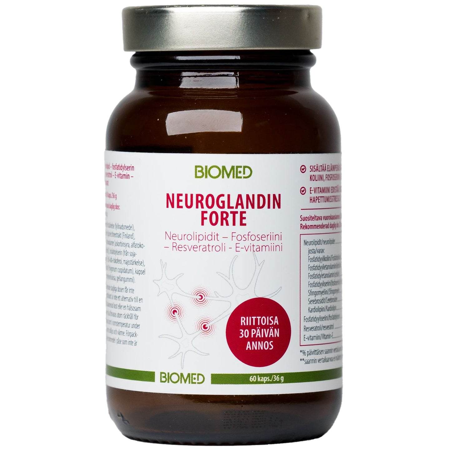 A brown glass bottle labeled NEUROGLANDIN FORTE from Biomed, containing 60 capsules. Cylindrical shape with a white screw cap; label is matte with clear, sans-serif typography. The main ingredients listed include neurolipids, phosphoserine, resveratrol, and vitamin E for advanced cognitive support. No hands or people visible; plain background; product shown in full shot centered in frame.