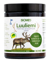 A jar labeled BIOMED Luliiemi, featuring an illustrated reindeer and green circle. Text is in Finnish, includes product information, a Finnish flag, and symbols indicating it is a health product. The label also highlights its focus on wellness. The cylindrical jar has a white body and matte finish with bold sans-serif black typography. No people or hands are visible; plain background and close-up shot.
