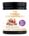 Biomed Premium Elektrolyyttijauhe Kuningasmarja; purkki Biomed Premium Elektrolyyttijauhe -elektrolyyttijauhetta Kuningasmarja-maussa; purkki valkoista muovia kierrekannella, mattapinnalla ja lieriömäisellä muodolla; etiketissä kuvitettu marjasekoitus ja suomenkielistä tuotetietoa tikkukirjasimella; pakkaus korostaa makua ja elektrolyyttejä; tausta tasainen valkoinen, ei ihmisiä tai käsiä näkyvissä.