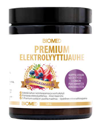 Biomed Premium Elektrolyyttijauhe Kuningasmarja; purkki Biomed Premium Elektrolyyttijauhe -elektrolyyttijauhetta Kuningasmarja-maussa; purkki valkoista muovia kierrekannella, mattapinnalla ja lieriömäisellä muodolla; etiketissä kuvitettu marjasekoitus ja suomenkielistä tuotetietoa tikkukirjasimella; pakkaus korostaa makua ja elektrolyyttejä; tausta tasainen valkoinen, ei ihmisiä tai käsiä näkyvissä.