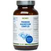 Biomed Premium Magnesium Complex, ruskea pullo tekstillä "BIOMED PREMIUM MAGNESIUM COMPLEX", ravintosisältötiedot ja tuotetiedot näytettynä valkoista taustaa vasten; pullo sylinterimäinen mattapinnalla ja tumma, todennäköisesti muovinen korkki; etiketissä groteskifontit valkoisena ja sinisenä tummalla pohjalla; keskellä etikettiä näkyvä sininen kristallikuvitus; ei ihmisiä eikä käsiä näkyvissä.