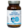 Biomed Premium Sinkki Complex; ruskea lasipullo merkitty Biomed Premium Sinkki Complex, sinisellä kilpikuviolla teksti Zn 25 mg ja valkoista tekstiä neutraalia taustaa vasten; sylinterinmuotoinen pullo mattapinnalla, musta kierrekorkki, groteskitypografiaa sekä iso- että pienaakkosin; ei ihmisiä, käsiä tai muuta pakkausta näkyvissä; pullo sisältää 60 kapselia sinkkikompleksia.
