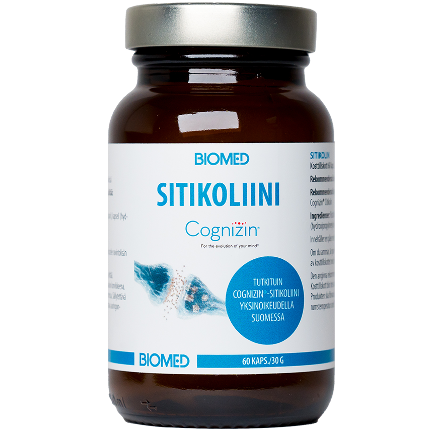 Biomed Sitikoliini Cognizin, 60 kapselia ruskeassa lasipurkissa; sylinterin muotoinen, pinta kiiltävä; etiketissä sinivalkoinen väritys, groteskiteksti ja aaltokuvio sekä suomenkielistä tietoa sitikoliinista; tausta yksinkertainen ja siisti, ei ihmisiä eikä käsiä näkyvissä.