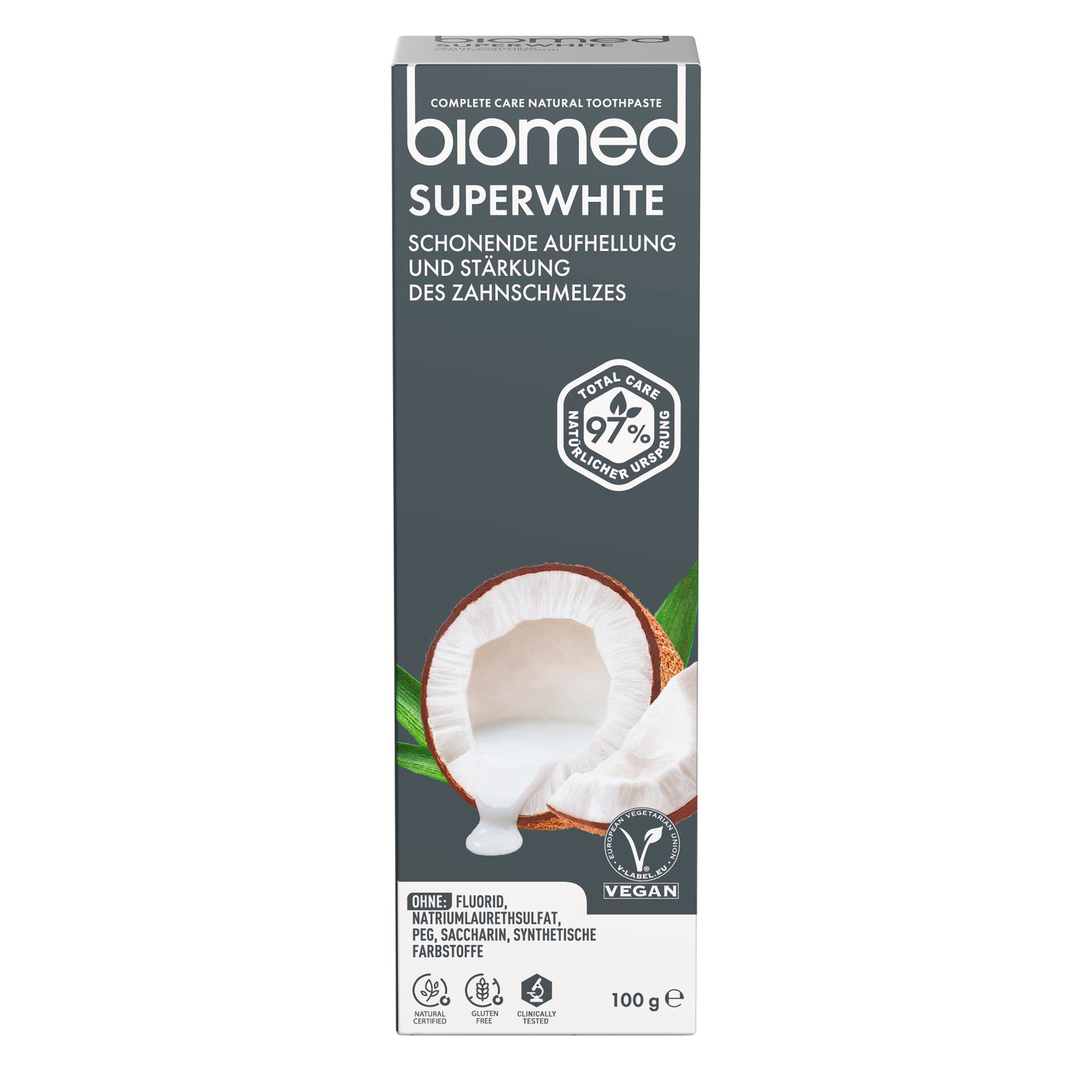 Biomed Superwhite -pakkauksen etupuoli: 97 % luonnollista alkuperää, vegaaninen, fluoriton, 100 g