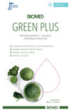Biomed Green Plus jääpalat -pakkaus, sisältää vehnänorasta, spirulinaa, klorellaa ja vihreää teetä; esitelty sekä jauhe- että juomamuodossa, pakkauksessa Biomed-logo ja kuvakkeita, jotka korostavat suomalaisuutta, luomua ja vihreitä raaka-aineita; laatikko suorakulmainen mattapinnalla valkoisin ja vihrein sävyin; etiketissä tekstausvapaata fonttia, jossa ainesosien nimet; ei ihmisiä tai käsiä näkyvissä; neutraali tausta, tuotteet aseteltuna ylhäältä kuvattuna.