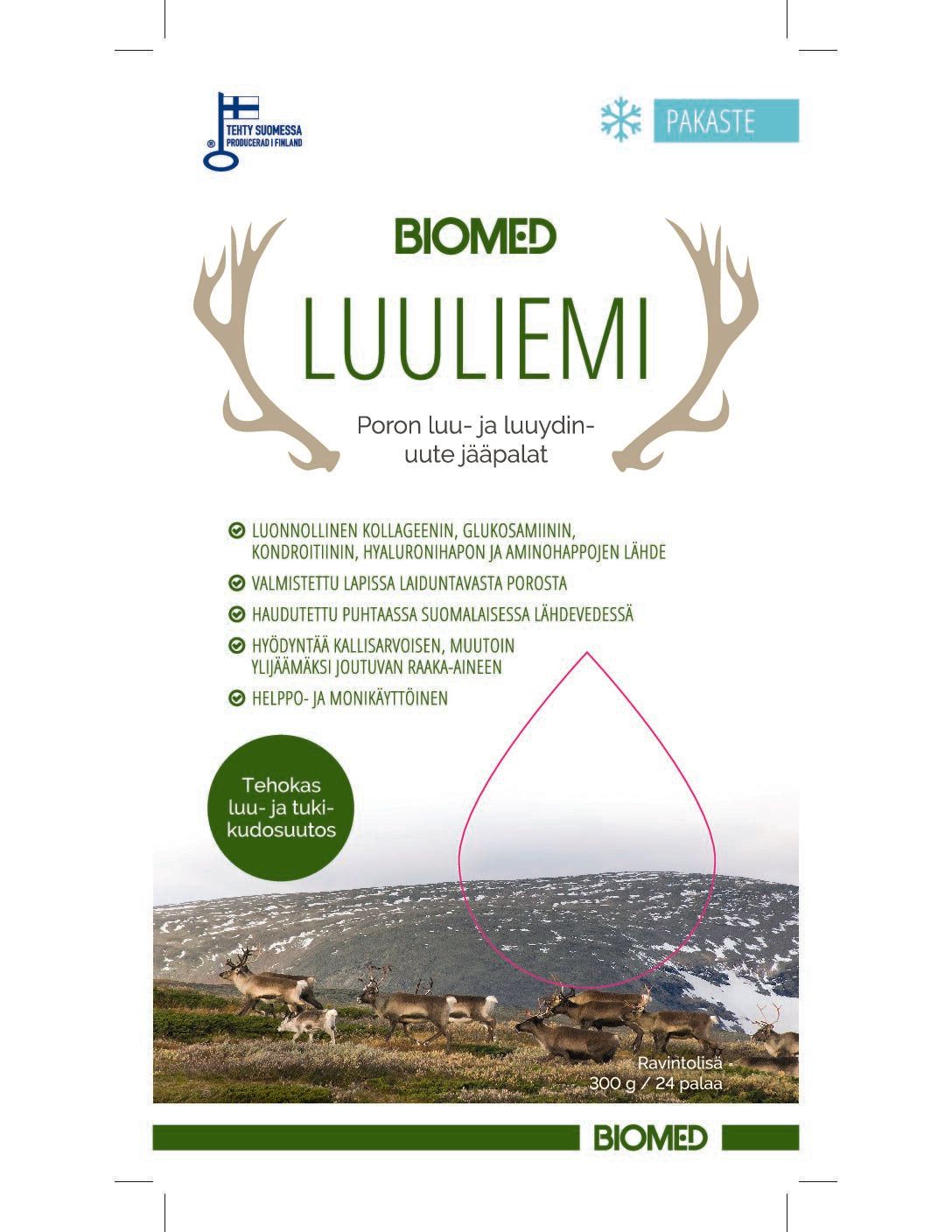 Biomed Luuliemi -jääpalapakkaus; suorakulmainen, mattapintainen pakkaus, jonka yläosassa näkyvä sininen merkintä; kuvituksena sarvikuvioita sekä poroja laiduntamassa vuoristomaisemassa; suomenkielistä lihavoitua tekstausvapaata tekstiä; tuotenimi "BIOMED LUULIEMI" näkyvissä; kuvattu yksiväristä pintaa vasten, ei ihmisiä tai käsiä näkyvissä.