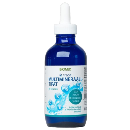 Biomed Trace Multimineraalitipat, sininen lasinen tippapullo tekstillä "Biomed Multimineraalitipat" suomenkielisen tekstin ja kaliumin, magnesiumin sekä natriumin symbolein, kuvattu vaaleaa taustaa vasten; pullo kiiltäväpintainen mustalla korkilla; etikettifontti groteskinen valkoisin ja sinisin sävyin, mukana mineraalikuvakkeet; ei ihmisiä eikä muita esineitä näkyvissä.