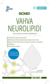 Biomed Vahva Neurolipidi jääpalat -tuotteen suomenkielinen etiketti sinisin ja vihrein tekstein, suuri vesipisarakuvitus ja neuronikuvituksia; etiketti kiinnitetty valkoiseen sylinterimäiseen pulloon mattapinnalla; tekstausvapaata fonttia; näkyvissä tietoa eläinperäisistä neurolipideistä, annostusohjeista ja käyttötarkoituksesta sekä pakkauskoosta; ei ihmisiä tai käsiä kuvassa; tausta valkoinen ja tasaisesti valaistu, yksittäinen tuotekuva.