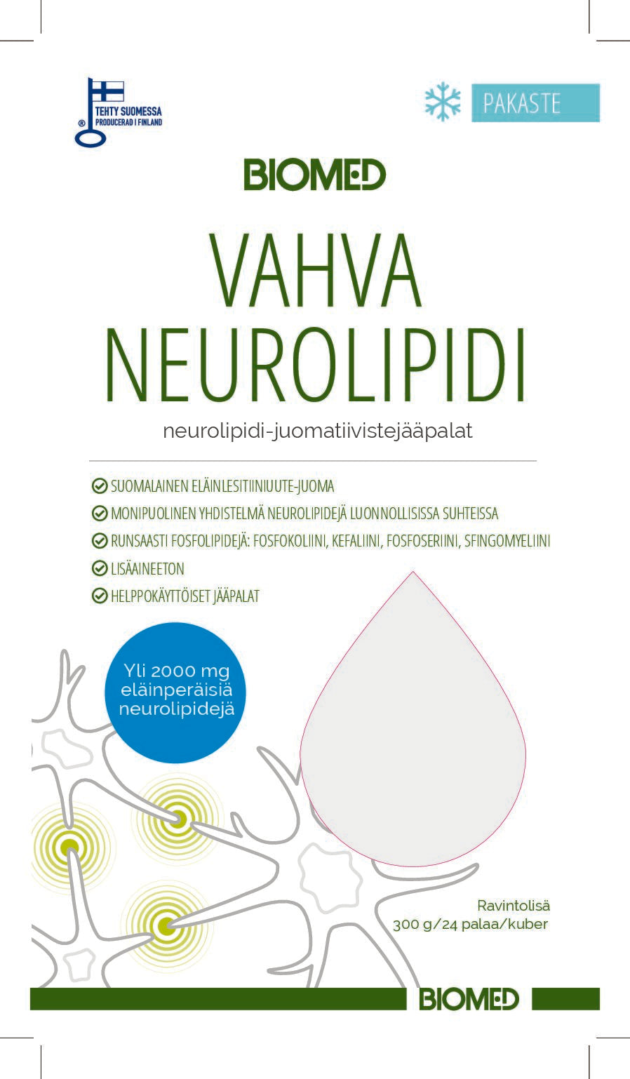 Biomed Vahva Neurolipidi jääpalat -tuotteen suomenkielinen etiketti sinisin ja vihrein tekstein, suuri vesipisarakuvitus ja neuronikuvituksia; etiketti kiinnitetty valkoiseen sylinterimäiseen pulloon mattapinnalla; tekstausvapaata fonttia; näkyvissä tietoa eläinperäisistä neurolipideistä, annostusohjeista ja käyttötarkoituksesta sekä pakkauskoosta; ei ihmisiä tai käsiä kuvassa; tausta valkoinen ja tasaisesti valaistu, yksittäinen tuotekuva.