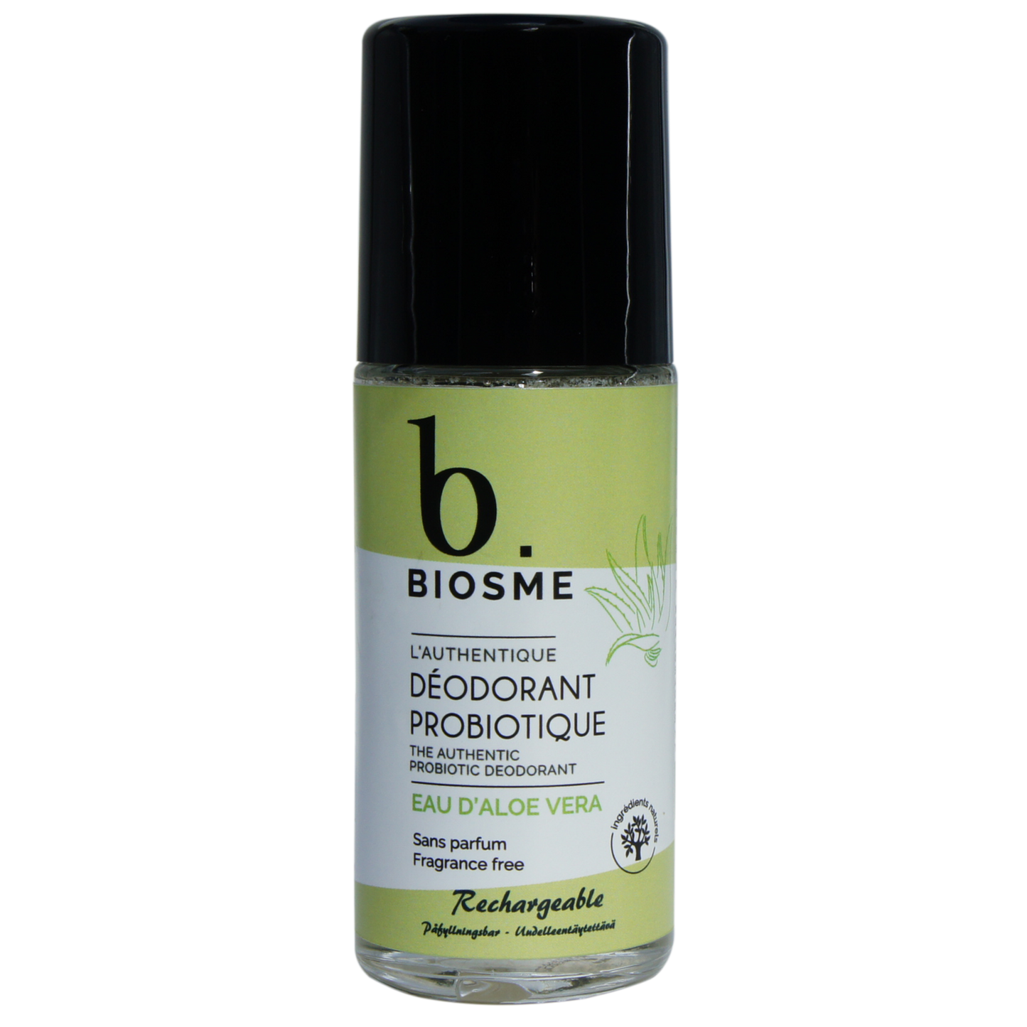 Biosme Roll-On Deodorantti Eau D'Aloe Vera; pullo Biosme-probioottideodoranttia aloeveralla, merkitty tuoksuttomaksi ja ladattavaksi; probiooteilla rikastettu pullo mustalla korkilla ja vaaleanvihreällä etiketillä ranskan- ja englanninkielisin tekstein; sylinterin muotoinen astia mattapinnalla; etiketissä yksinkertaista groteskitypografiaa; ei ihmisiä tai käsiä; tuote kuvattu tasaista taustaa vasten lähikuvassa.