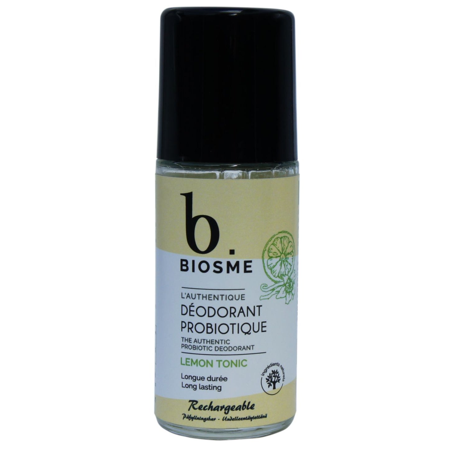 Biosme Roll-On Deodorantti Lemon Tonic; roll-on-pullo Biosme-probioottideodoranttia Lemon Tonic -tuoksuisena, keltainen ja valkoinen etiketti limettikuvituksin ja kaksikielisellä tekstillä ranskaksi ja englanniksi; pullo sylinterin muotoinen valkoisella muovikorkilla ja mattapinnalla; etiketissä yksinkertaista groteskikirjasinta; tuote kuvattu pystyssä valkoista taustaa vasten, ei ihmisiä tai käsiä.
