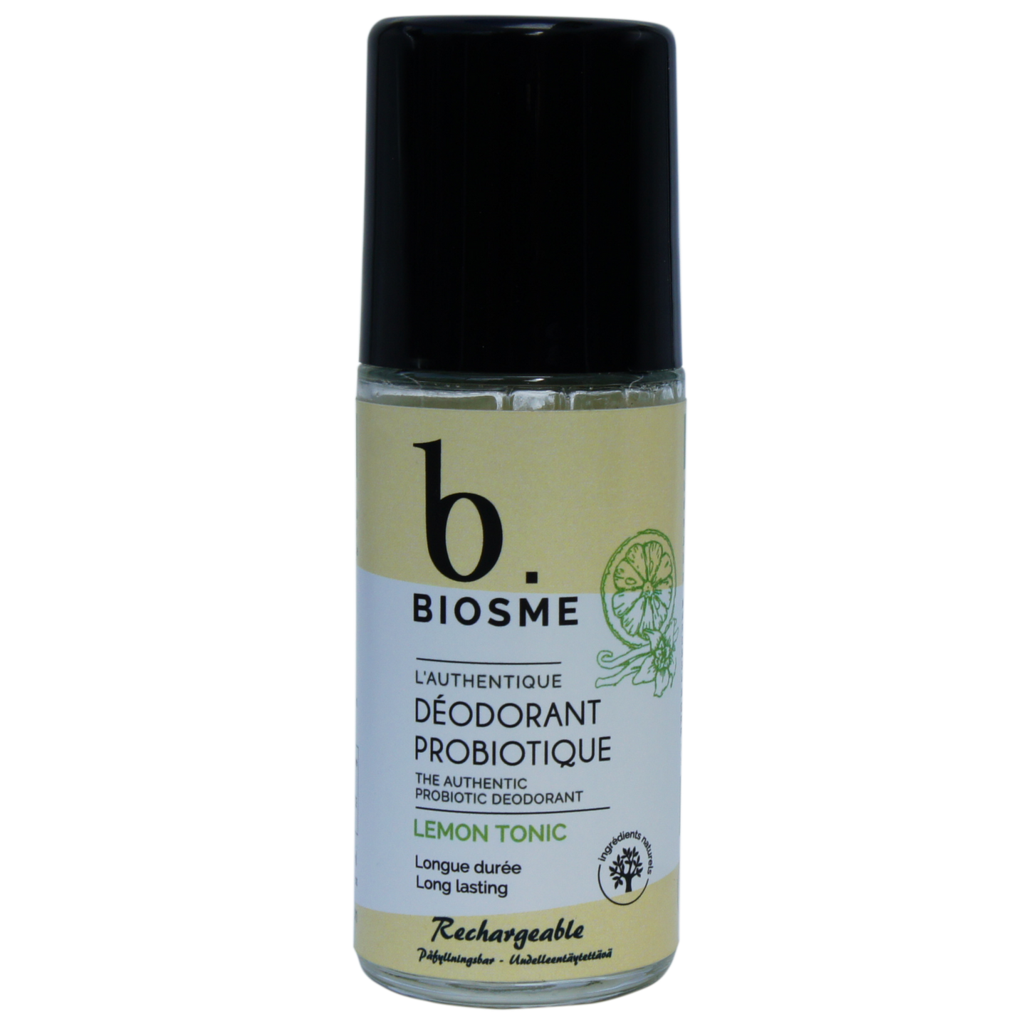 Biosme Roll-On Deodorantti Lemon Tonic; roll-on-pullo Biosme-probioottideodoranttia Lemon Tonic -tuoksuisena, keltainen ja valkoinen etiketti limettikuvituksin ja kaksikielisellä tekstillä ranskaksi ja englanniksi; pullo sylinterin muotoinen valkoisella muovikorkilla ja mattapinnalla; etiketissä yksinkertaista groteskikirjasinta; tuote kuvattu pystyssä valkoista taustaa vasten, ei ihmisiä tai käsiä.