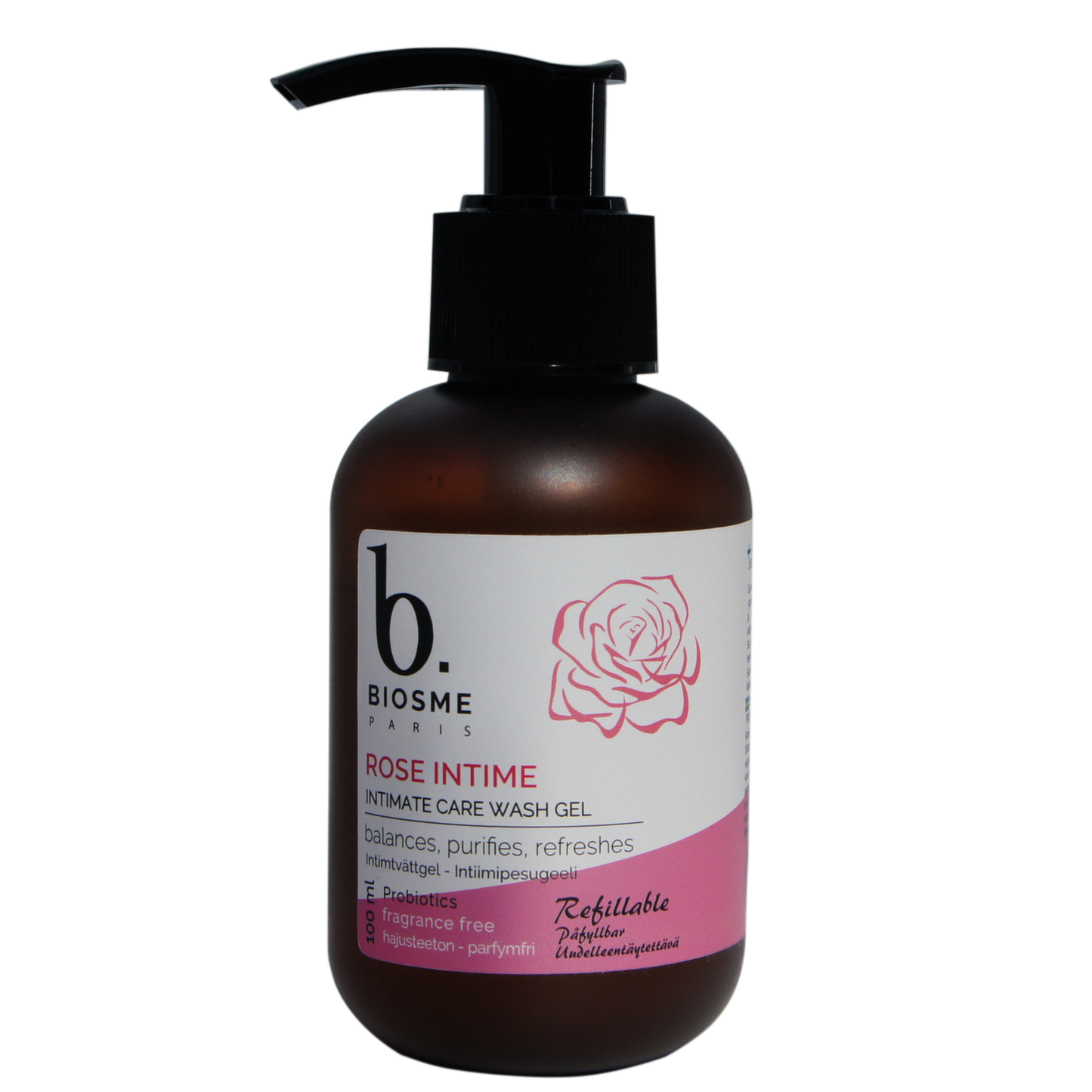 Biosme Rose Intiimipesugeeli; ruskea sylinterin muotoinen muovinen pumppupullo mattapinnalla; etiketissä lukee ”b. BIOSME PARIS Rose Intime Intimate Care Wash Gel” groteskikirjasimella yhdessä vaaleanpunaisen ruusukuvituksen ja biohajoavuus- ja tuoksuttomuuskuvakkeiden kanssa; pullo seisoo yksinään vaaleaa taustaa vasten; tuote esittelee hellävaraisen ja biohajoavan koostumuksensa, ei ihmisiä tai käsiä.