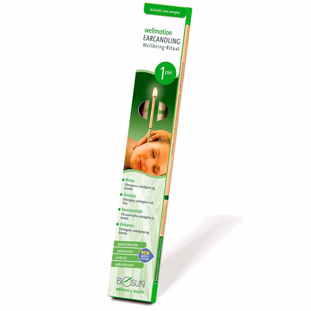 Biosun Korvakynttilä Wellmotion; laatikko BIOSUN Wellmotion -korvakynttilöitä, kuvassa nainen käyttämässä korvakynttilää, tuotetietoja sekä vihreä ja valkoinen pakkaus rentoutumista kuvaavin hyvinvointisymbolein.