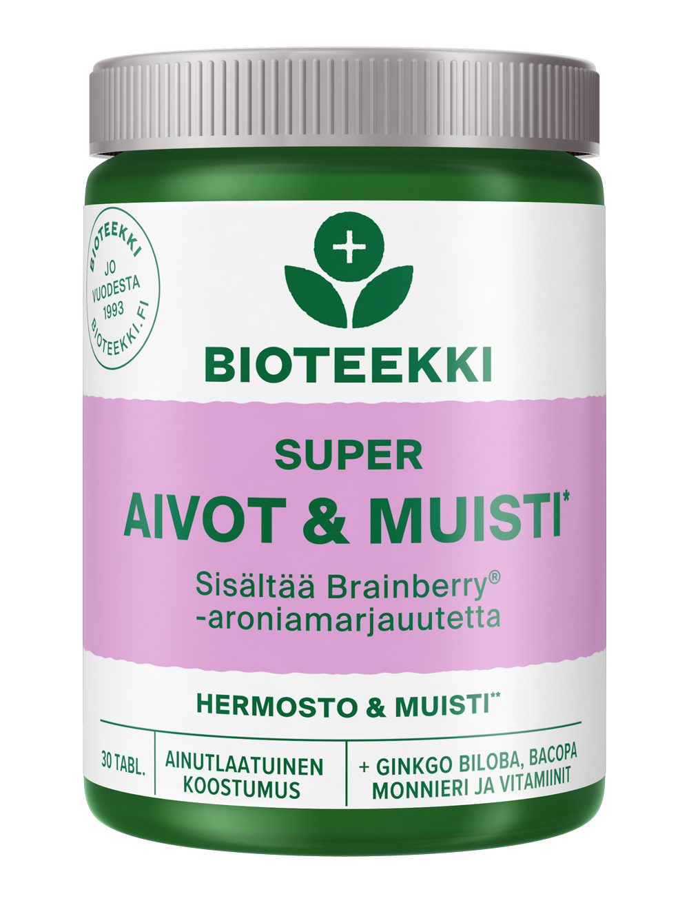 Bioteekki Super Aivot & Muisti, vihreä-valkoinen ravintolisäpullo tekstillä "SUPER AIVOT & MUISTI", suomenkielistä tekstiä ja violetteja korostuksia, sisältää 30 tablettia kognitiivisen toiminnan ja muistin tueksi; pullo sylinterimäinen valkoisella kierrekorkilla, mattapintainen; siisti groteskityyppi violettina avainkohdissa, pienempi teksti alla; tuote kuvattu valkoista taustaa vasten, ei ihmisiä eikä rekvisiittaa näkyvissä.