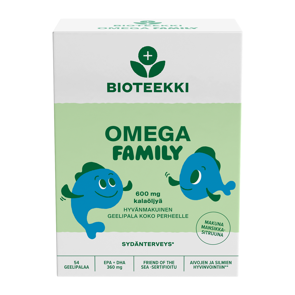 Bioteekin Omega Family -kalaöljyvalmisteen pakkaus, mattapintainen suorakaiteen muotoinen rasia hymyilevällä kalahahmolla,