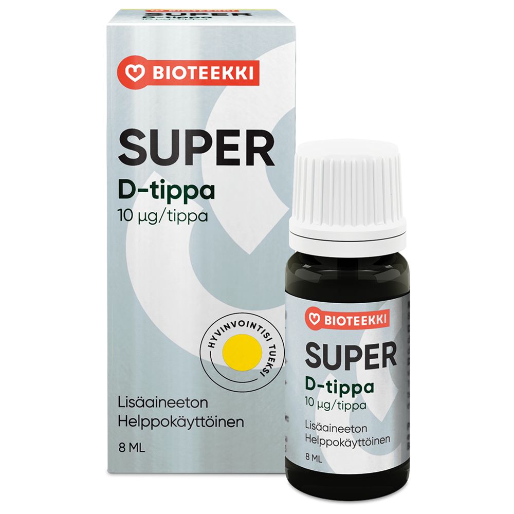 Bioteekki Super D-tippa -pullo ja pakkaus, valkoinen, sinivihreä-musta teksti groteskitekstillä, keltainen ympyrä ja punainen sydänlogo; pullo 8 ml, mattapinta