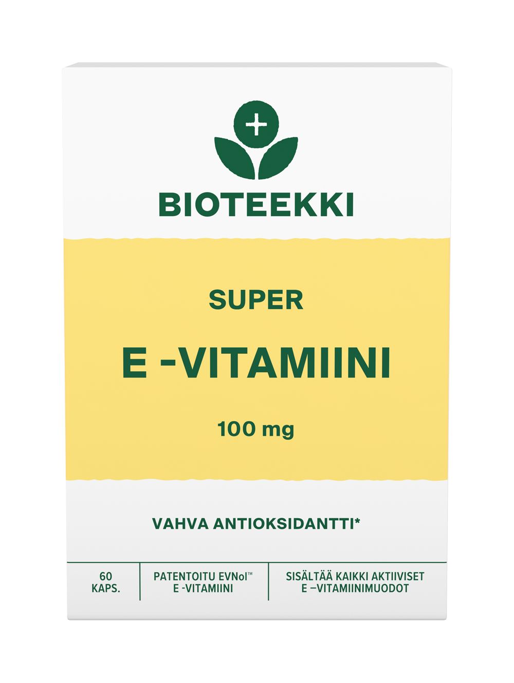 Bioteekki Super E-Vitamiini 100 mg -pakkaus, vihreä-keltainen teksti valkoisella pohjalla; suorakaiteen muotoinen mattapintainen pahvirasia, lihavoitu groteskiteksti tuotenimestä ja annostuksesta