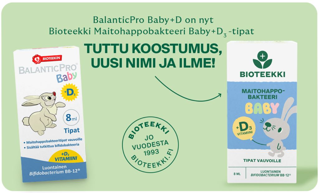 Bioteekki Maitohappobakteeri Baby + D3 Tipat; kaksi laatikkoa D-vitamiinitipoista probiooteilla probioottien kera, vasemmalla vanha muotoilu "BalanticPro Baby+D" ja oikealla uusi "Bioteekki Maitohappobakteeri Baby+D₃", teksti ilmoittaa uudesta nimestä ja ulkonäöstä; molemmat laatikot pahvia painetuin tuotetiedoin; valkoinen tausta, ei ihmisiä kuvassa; tipat tukevat vauvan hyvinvointia lisätyllä D-vitamiinilla.