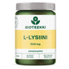 A green plastic bottle with a matte finish, cylindrical shape, and gray screw-on cap is shown. The label is yellow with black and white sans-serif text displaying the product name “Bioteekki L-Lysiini 500 mg,” along with information about 60 tablets. No people or hands are present. Plain background, close-up product shot. A green bottle of Bioteekki L-Lysiini 500 mg amino acid supplement with a yellow label and a gray cap, containing 60 tablets and supporting daily well-being.